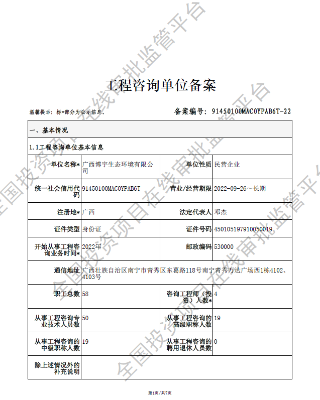 全国投资项目在线审批监管平台生成的《工程咨询单位备案》（原件扫描件）