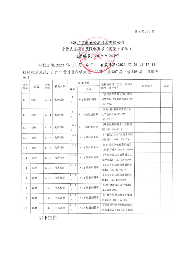 检验检测CMA证书附表