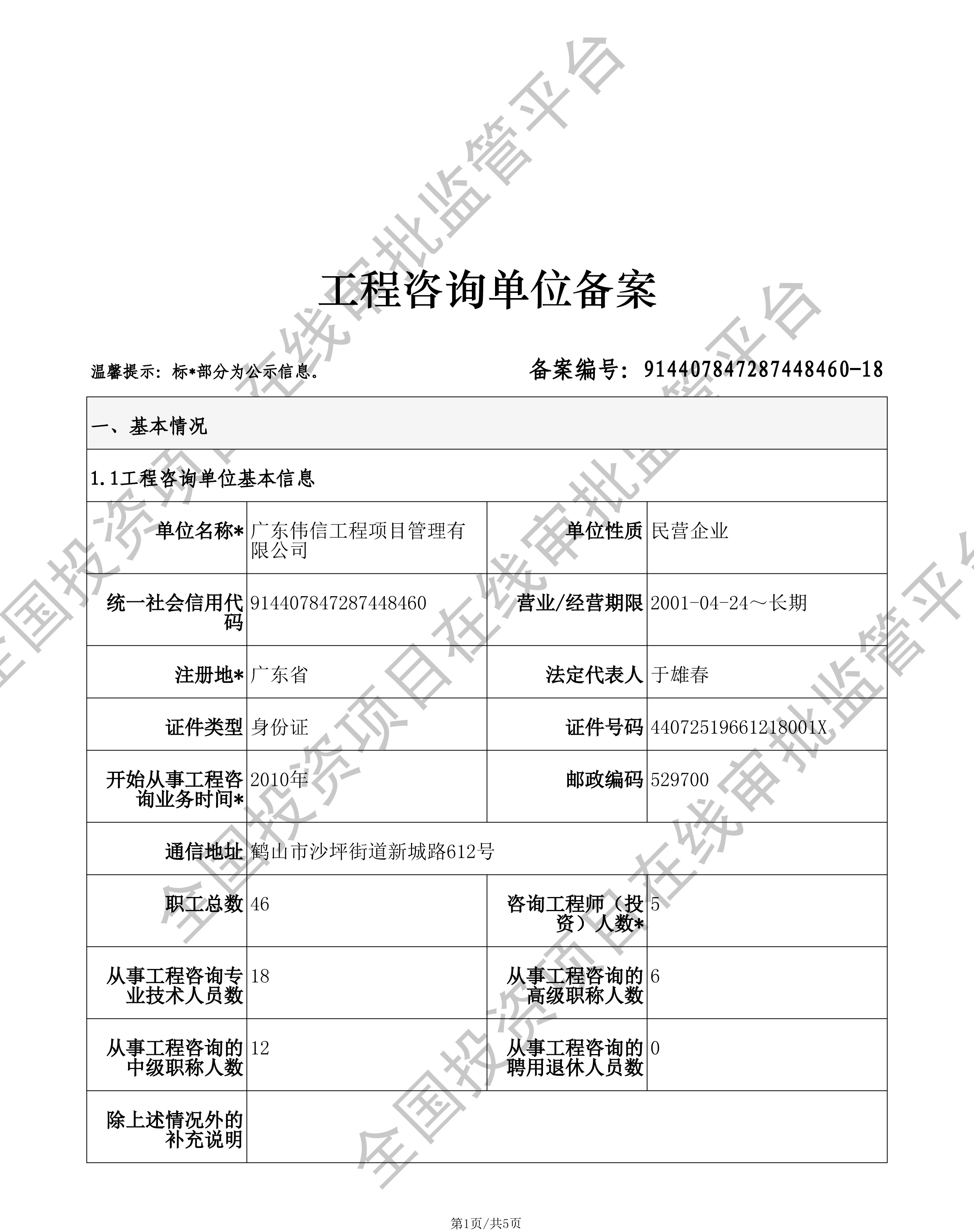 全国投资项目在线审批监管平台生成的《工程咨询单位备案》（原件扫描件）