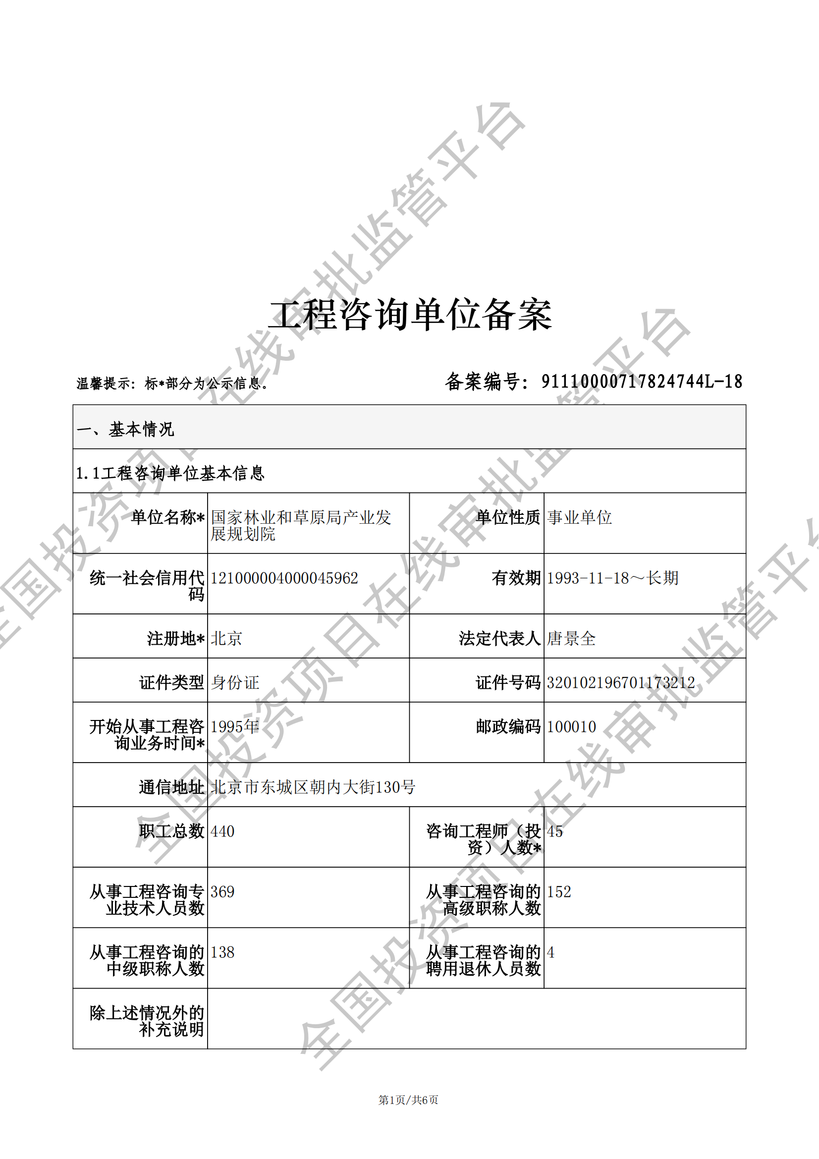 全国投资项目在线审批监管平台生成的《工程咨询单位备案》（原件扫描件）